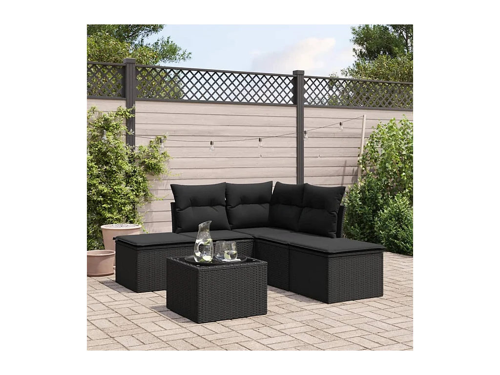 Salon de jardin 6 pièces avec coussins noir résine tressée