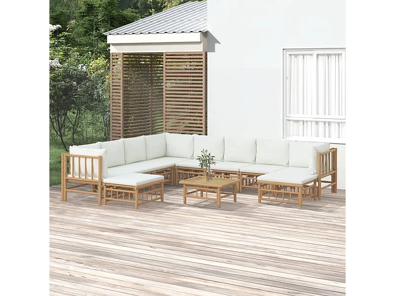 11peças conjunto lounge de jardim bambu c/ almofadões branco nata