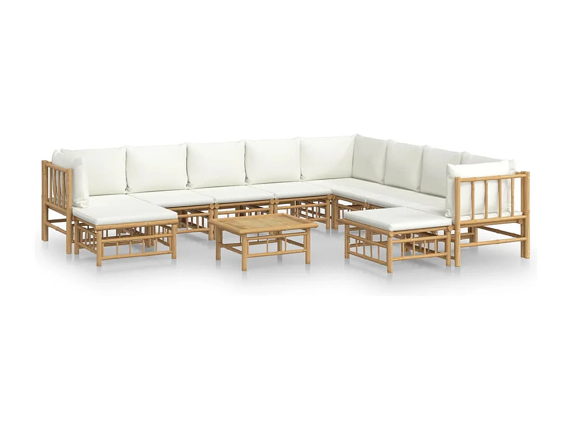 Salon de jardin 11 pièces avec coussins blanc crème bambou