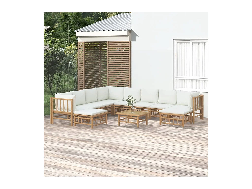Salon de jardin 11 pièces avec coussins blanc crème bambou