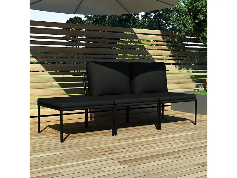 Juego de muebles de jardín 3 piezas con cojines PVC negro