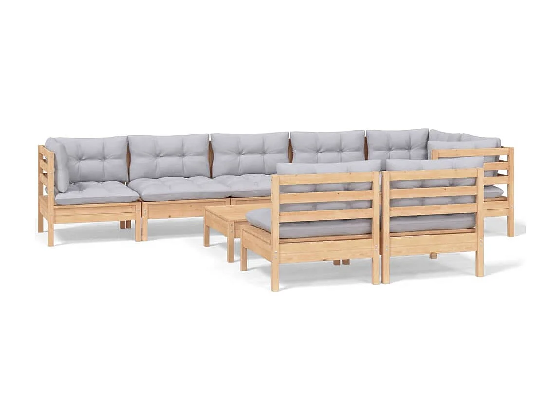 9-delige Loungeset met grijze kussens massief grenenhout