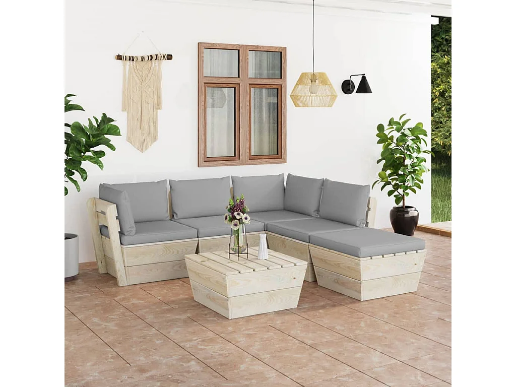 Muebles de jardín de palets 6 piezas y cojines madera de abeto