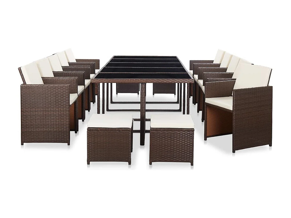 Set comedor de jardín 15 piezas y cojines ratán sintético marrón