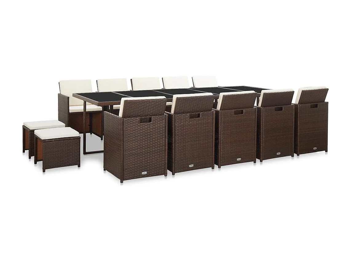 Set comedor de jardín 15 piezas y cojines ratán sintético marrón