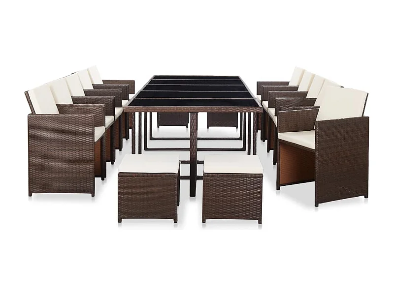 Set comedor de jardín 15 piezas y cojines ratán sintético marrón