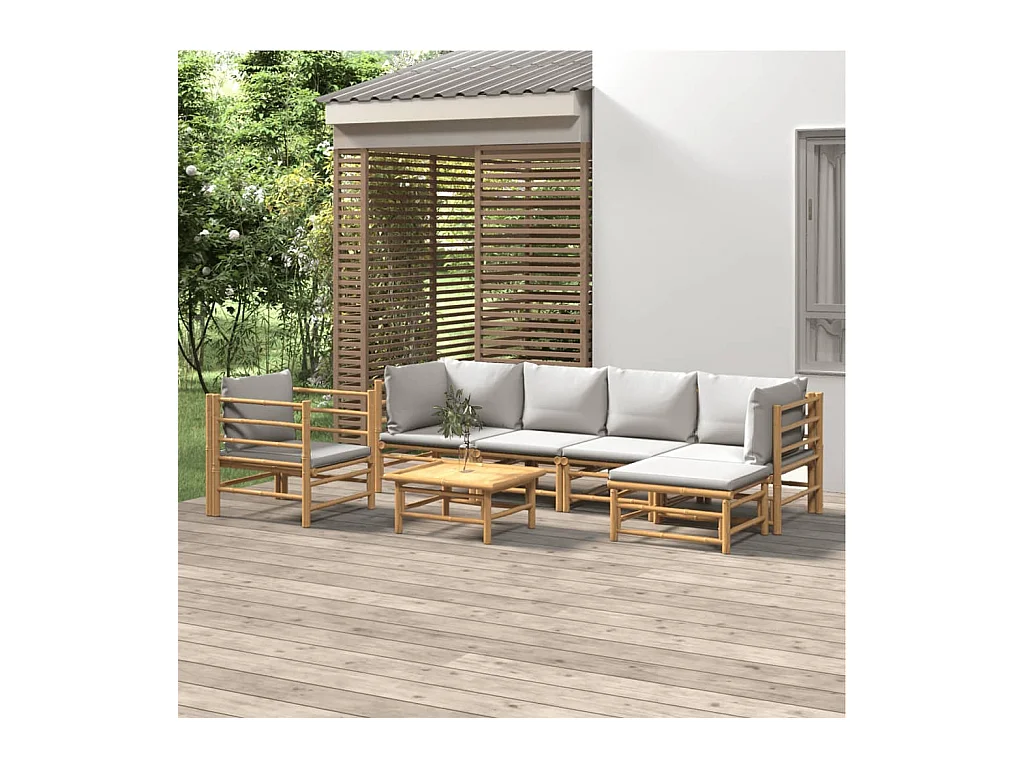 Salon de jardin 7 pièces avec coussins gris clair bambou