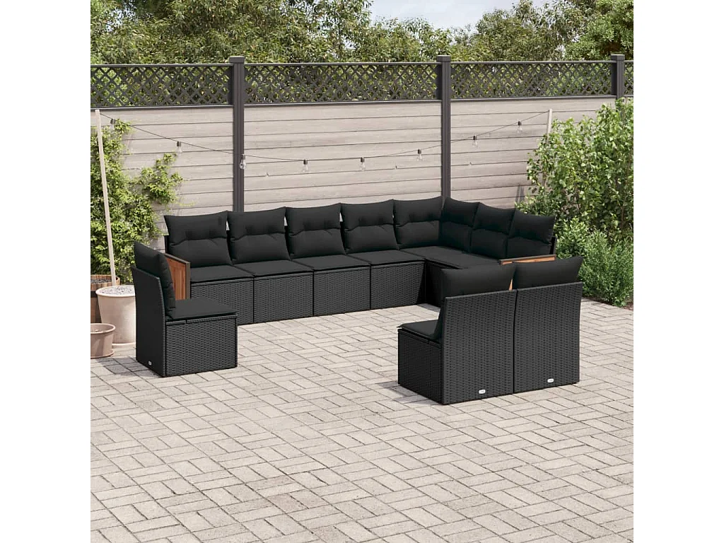 10-delige Loungeset met kussens poly rattan zwart