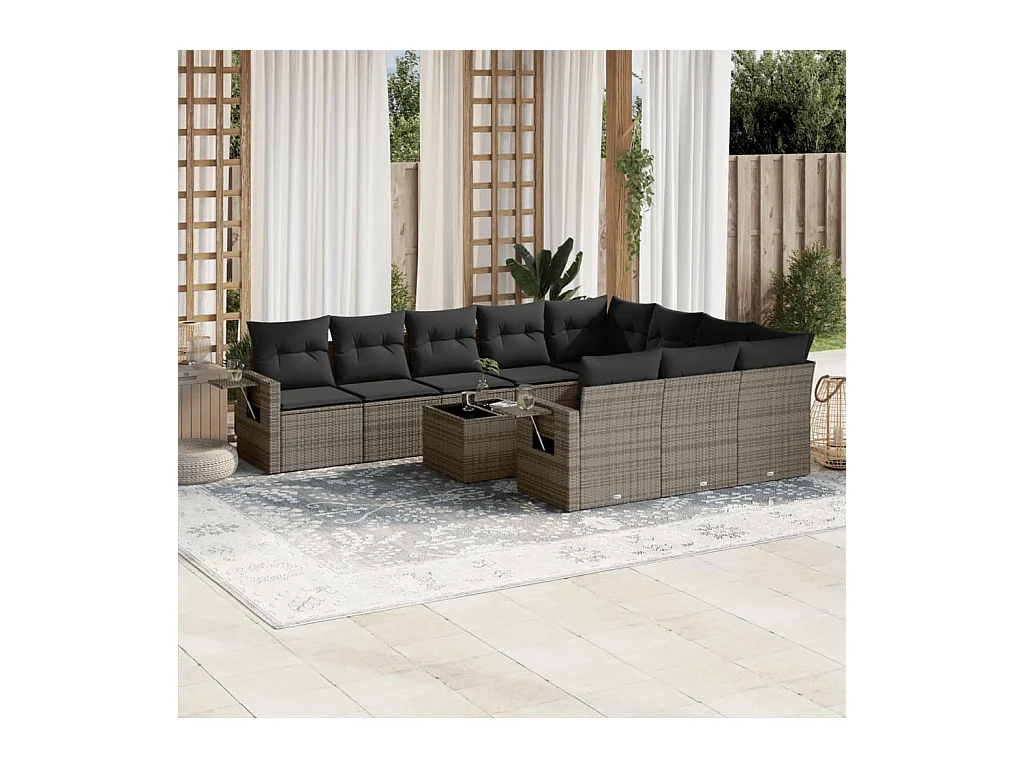 Salon de jardin 11 pièces avec coussins gris résine tressée
