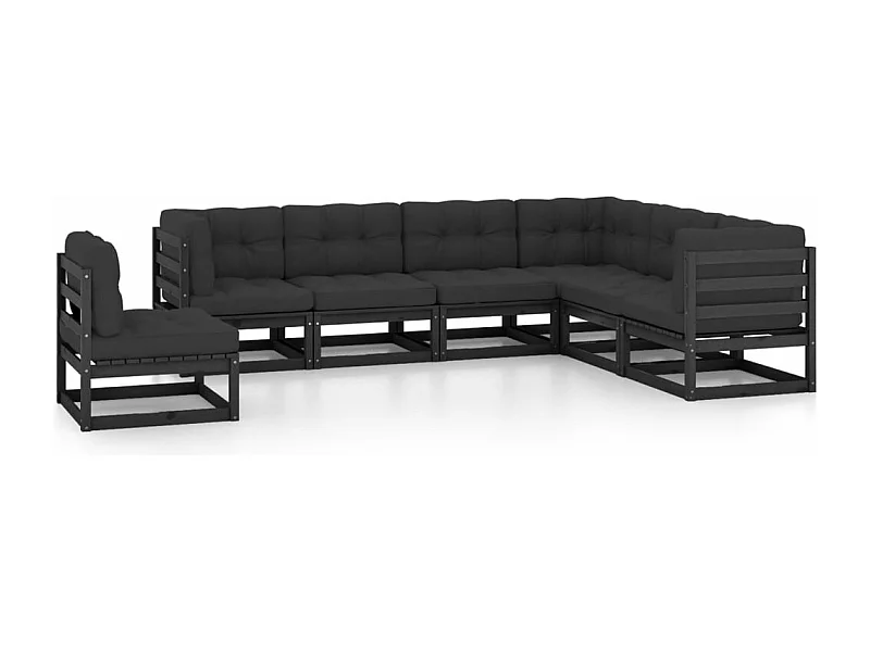 7peças conjunto longue de jardim c/ almofadões pinho maciço preto