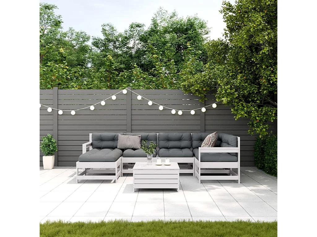 Salon de jardin 7 pièces avec coussins blanc bois de pin massif