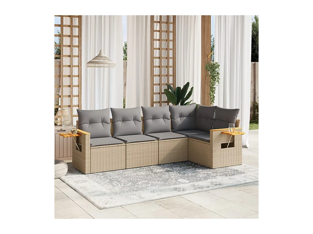 5 peças conjunto de sofás p/ jardim com almofadões vime PE bege