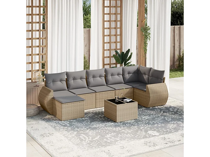 8-delige Loungeset met kussens poly rattan beige