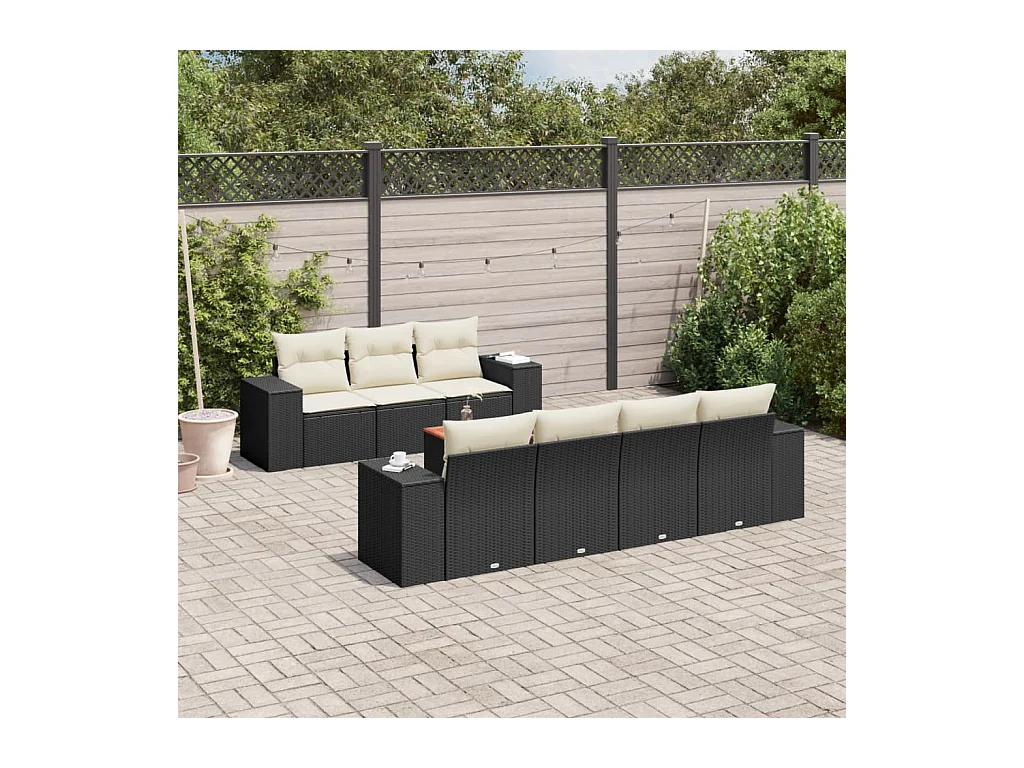 Set de sofás de jardín 8 piezas y cojines ratán sintético negro