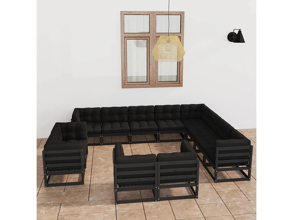 12 peças conjunto lounge jardim c/ almofadões pinho maciço preto