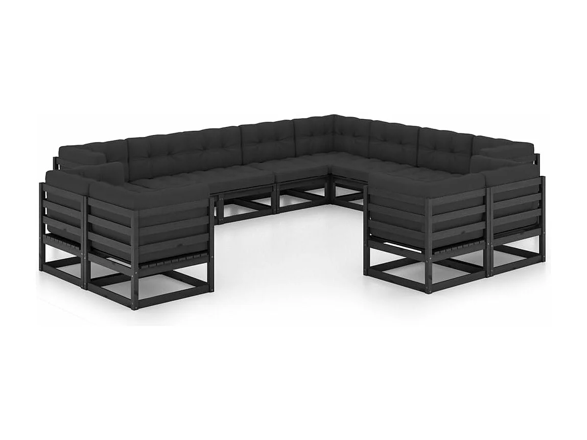 12 peças conjunto lounge jardim c/ almofadões pinho maciço preto