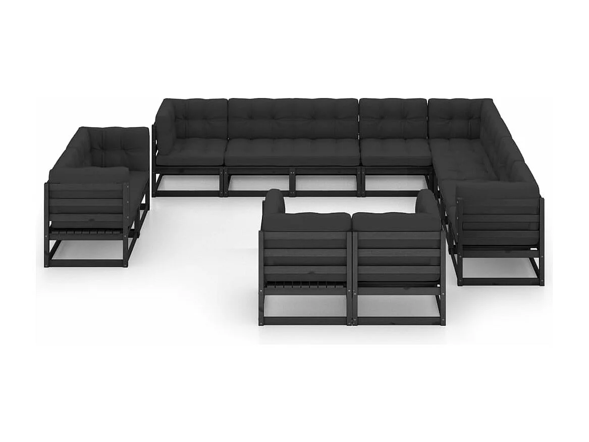 12 peças conjunto lounge jardim c/ almofadões pinho maciço preto