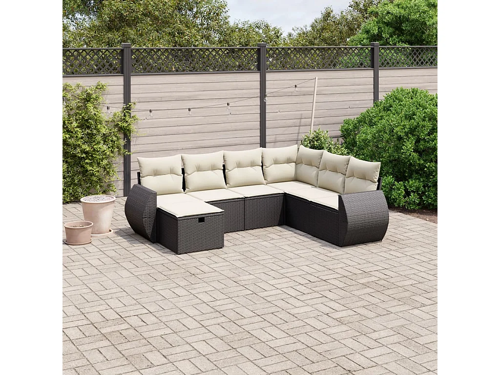 7 peças conjunto de sofás p/ jardim c/ almofadões vime PE preto