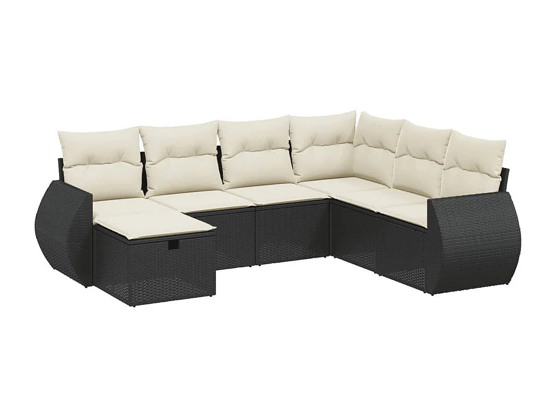 7 peças conjunto de sofás p/ jardim c/ almofadões vime PE preto