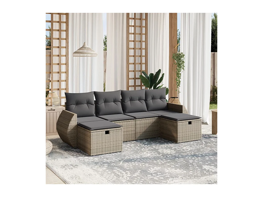 6-delige Loungeset met kussens poly rattan grijs
