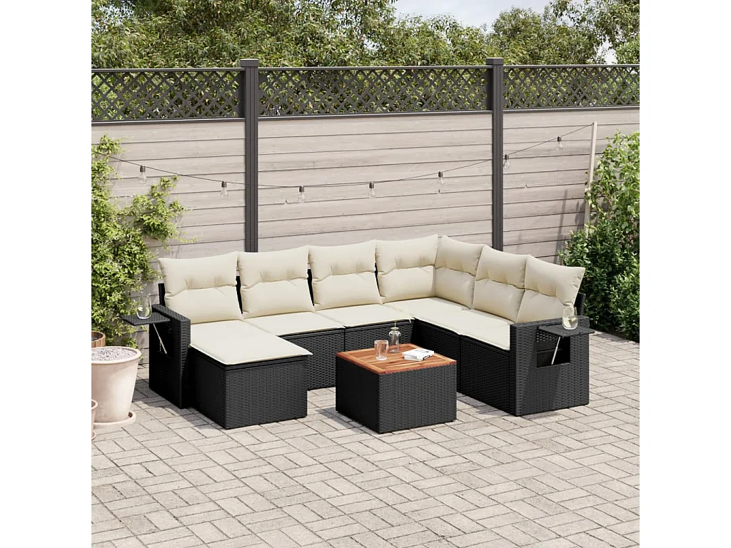 Set de sofás de jardín 8 piezas y cojines ratán sintético negro