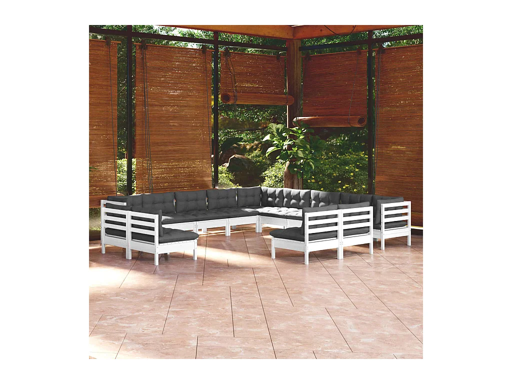 Salon de jardin 13 pièces avec coussins blanc bois de pin solide