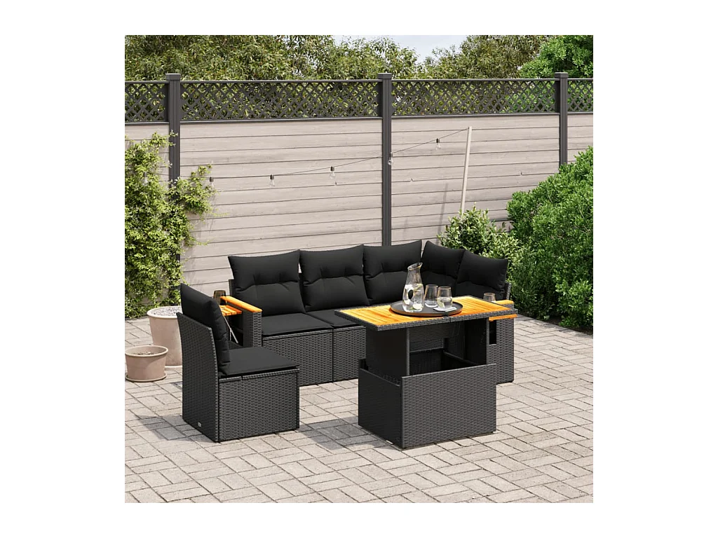 Salon de jardin 6 pièces avec coussins noir résine tressée