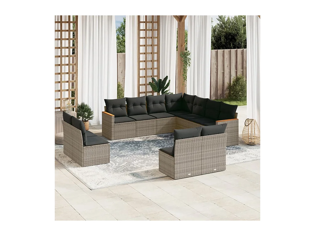Salon de jardin 11 pièces avec coussins gris résine tressée