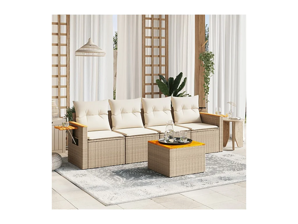 Salon de jardin avec coussins 5 pièces beige résine tressée