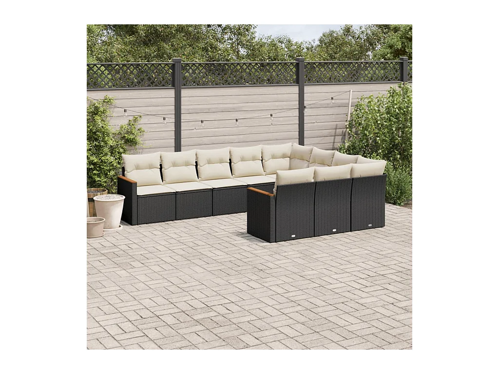 Salon de jardin 10 pièces avec coussins noir résine tressée