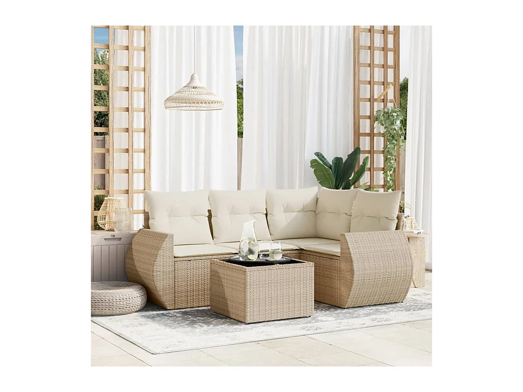 Salon de jardin avec coussins 5 pièces beige résine tressée