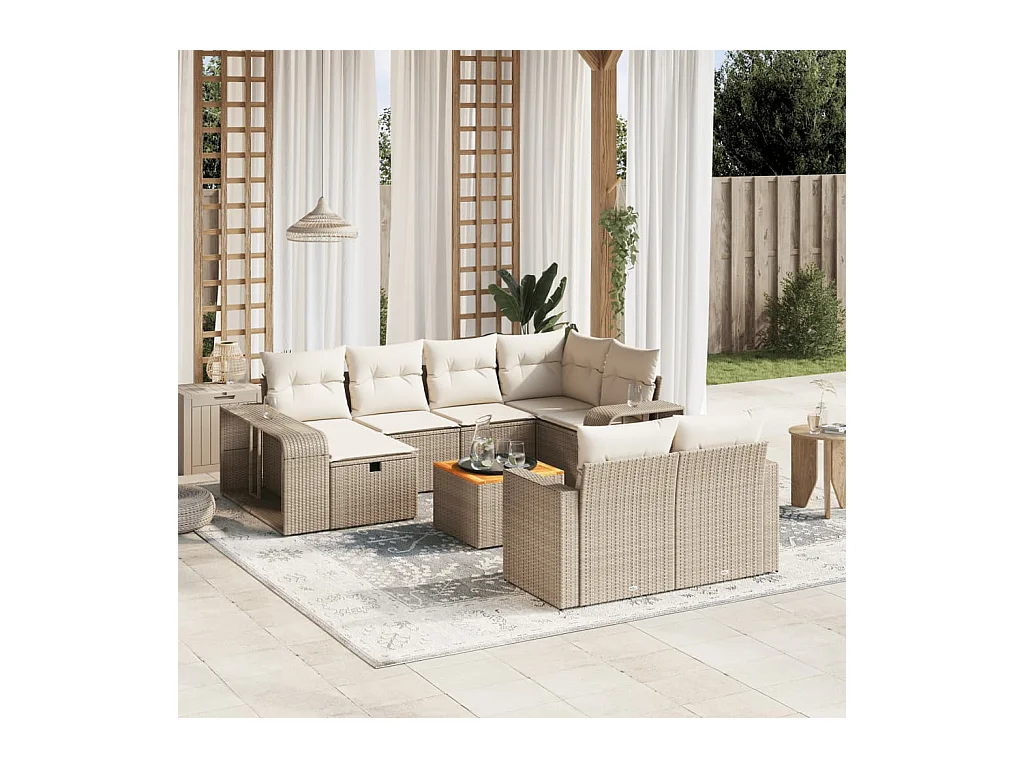 Salon de jardin 11 pièces avec coussins beige résine tressée