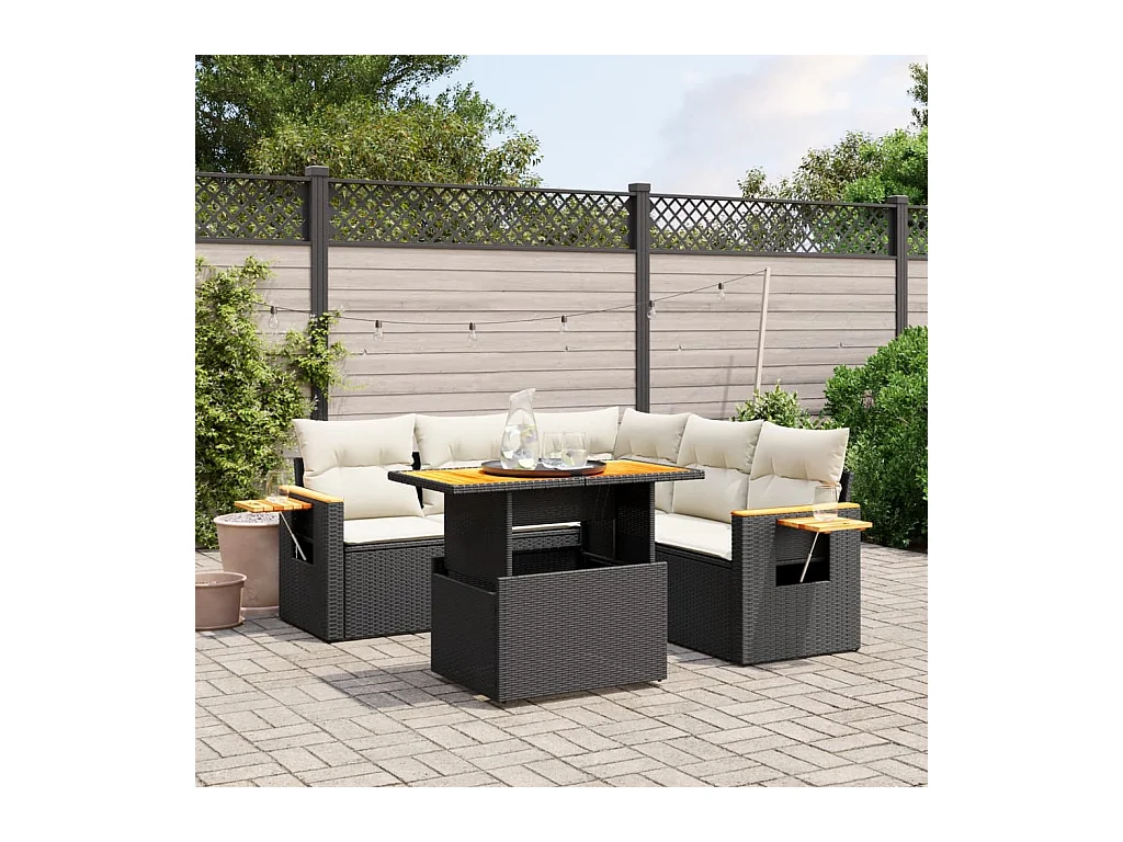 Salon de jardin 6 pièces avec coussins noir résine tressée