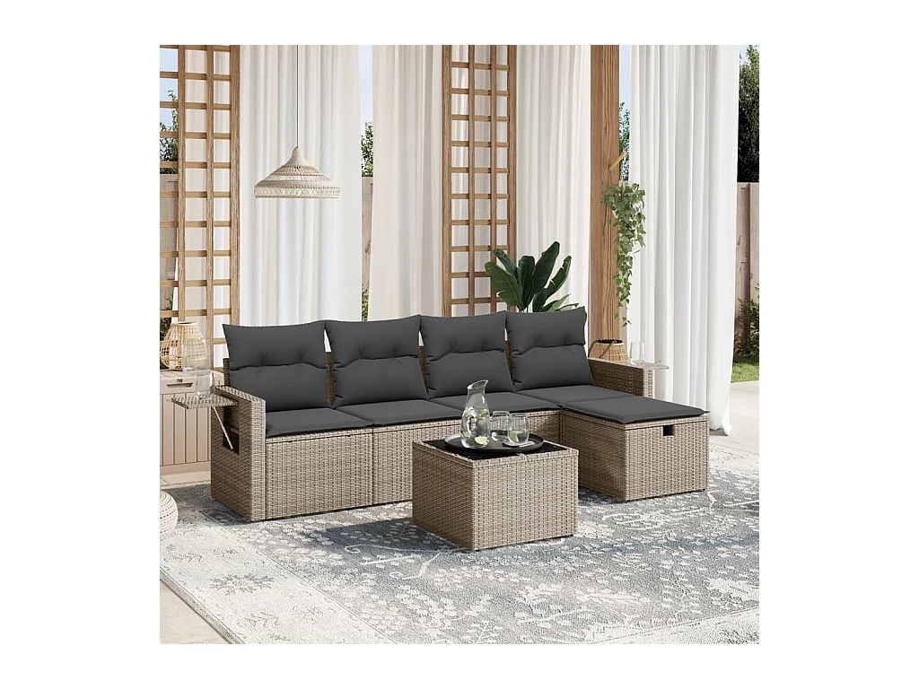 Set de muebles de jardín 6 piezas y cojines ratán sintético gris