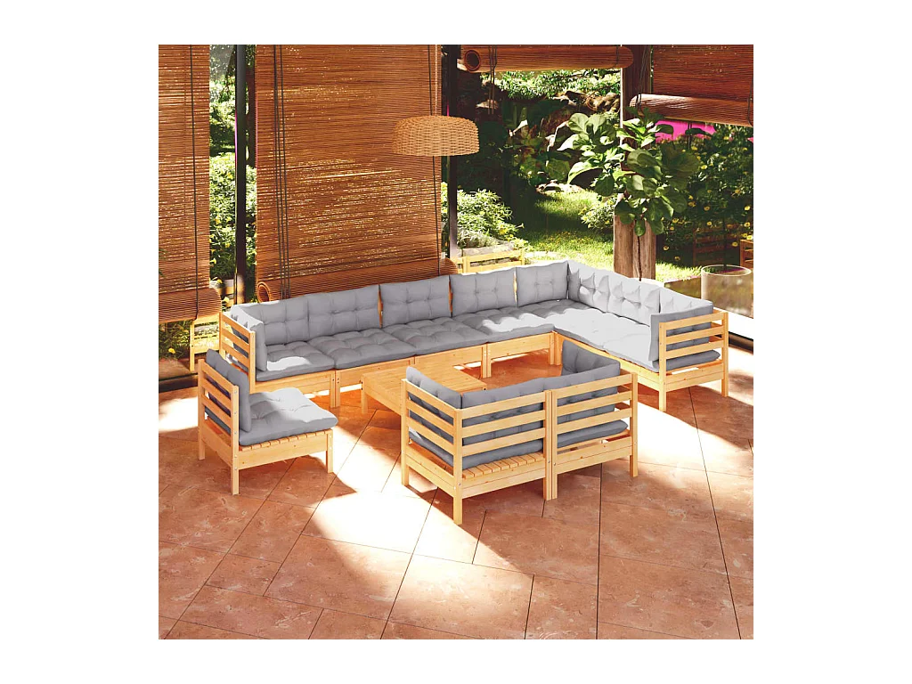 Salon de jardin 11 pièces avec coussins gris Bois de pin solide