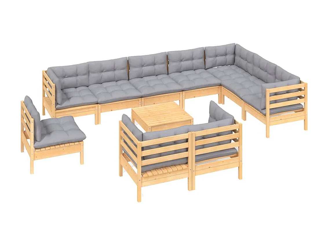 Juego de muebles de jardín 11 piezas y cojines madera maciza pino