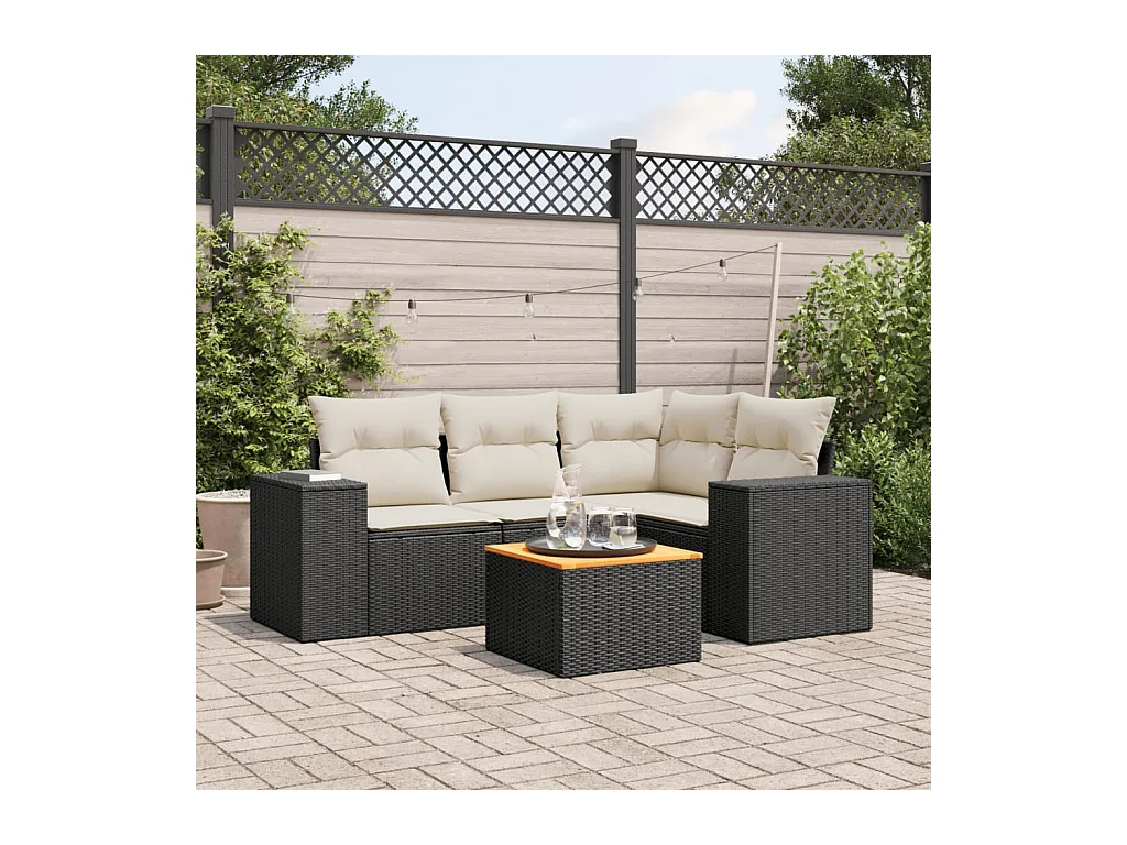 Salon de jardin 5 pièces avec coussins noir résine tressée