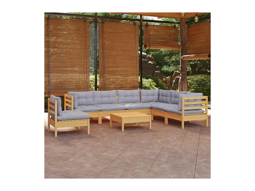 8 peças conjunto lounge de jardim + almofadões cinza pinho maciço