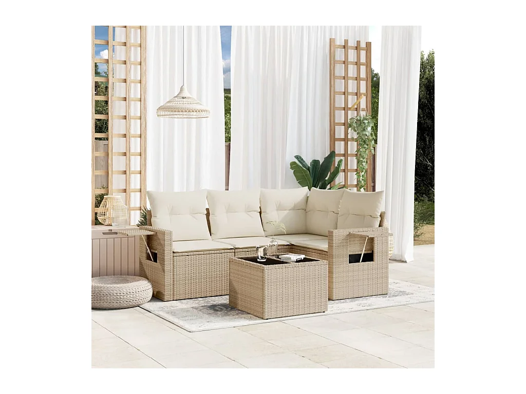 Salon de jardin avec coussins 5 pièces beige résine tressée