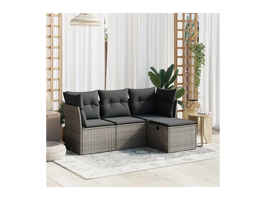 Salon de jardin 4 pièces avec coussins gris résine tressée