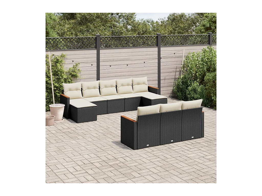 Salon de jardin 10 pièces avec coussins noir résine tressée