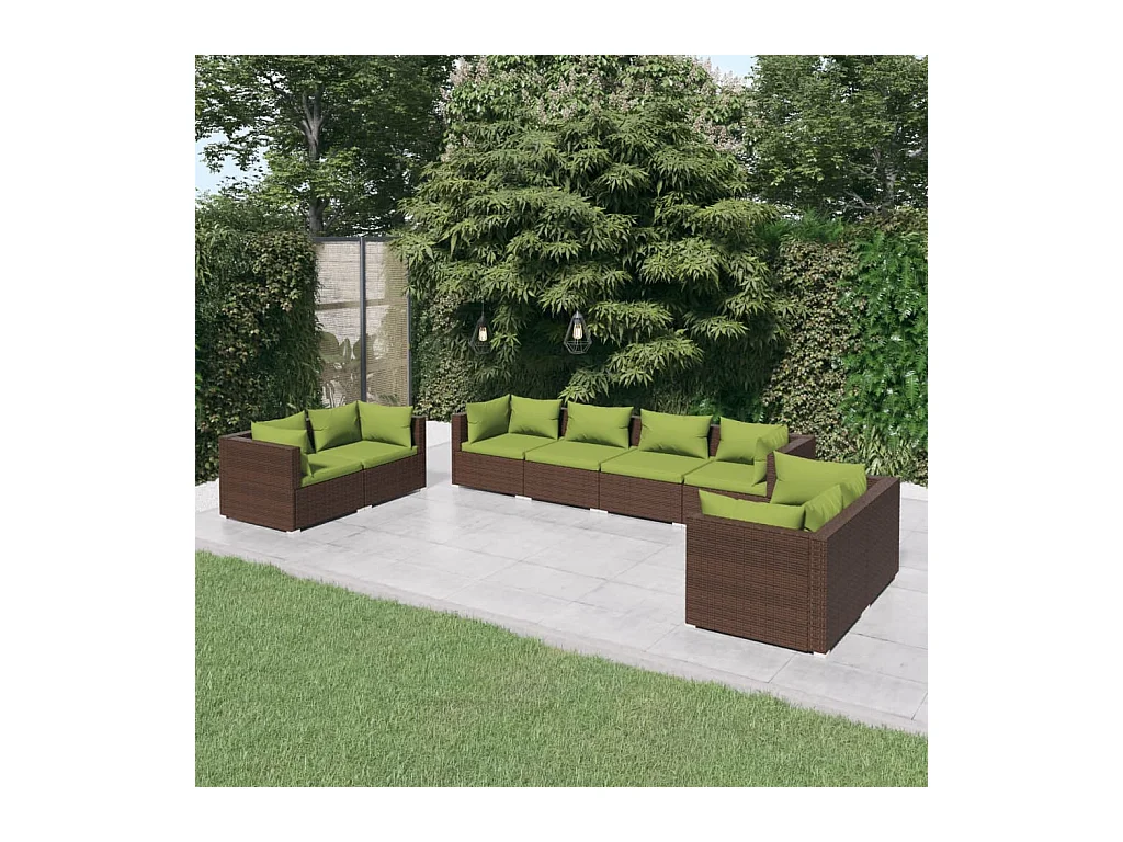 8-delige Loungeset met kussens poly rattan bruin