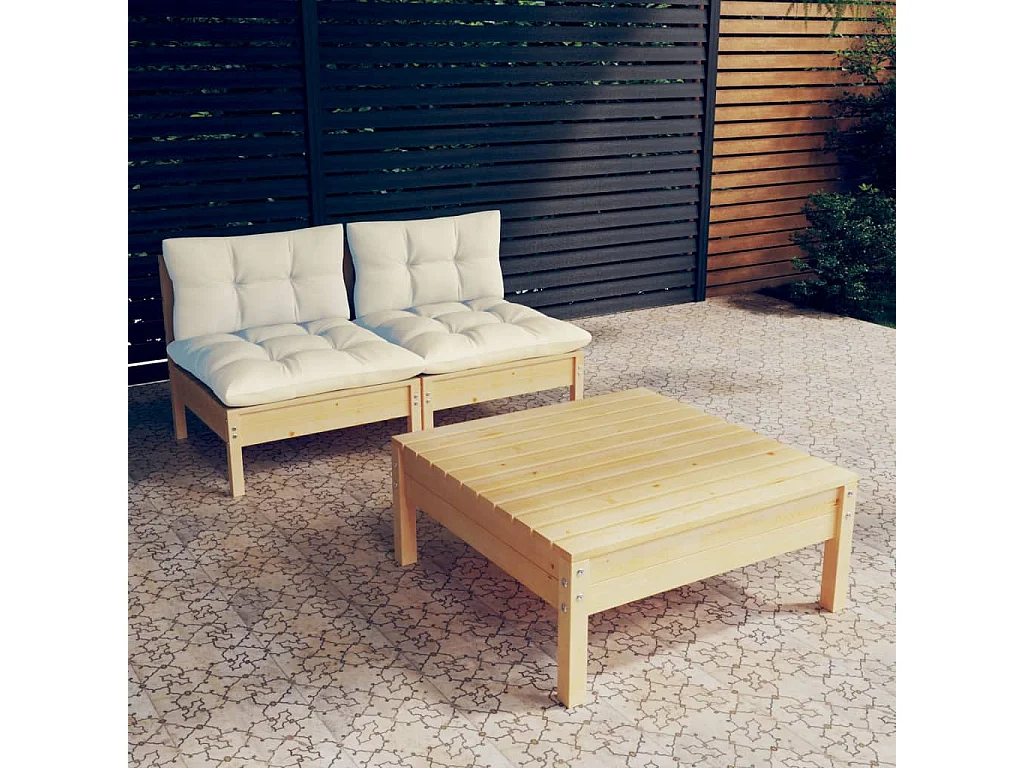 Muebles de jardín 3 piezas cojines madera de pino crema