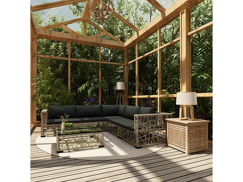 Salon de jardin 6 pièces avec coussins Résine tressée Gris