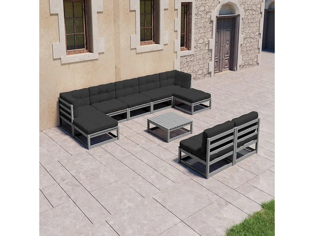 Salon de jardin 10 pièces avec coussins Gris Bois de pin massif