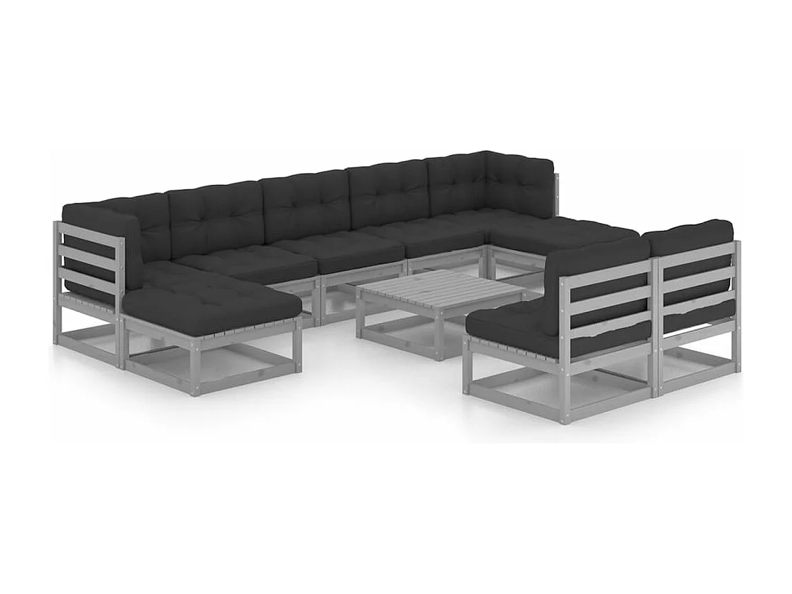 Salon de jardin 10 pièces avec coussins Gris Bois de pin massif