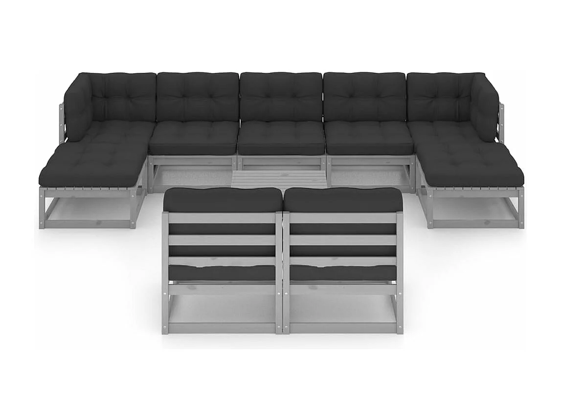 Salon de jardin 10 pièces avec coussins Gris Bois de pin massif