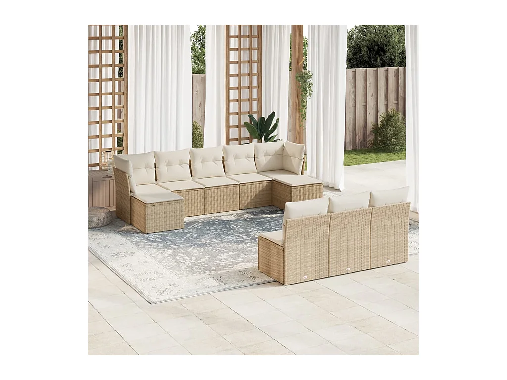 10 peças conjunto de sofás p/ jardim com almofadões vime PE bege