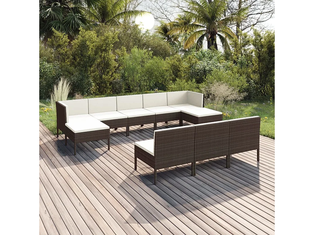 10 peças conjunto lounge jardim c/ almofadões vime PE castanho