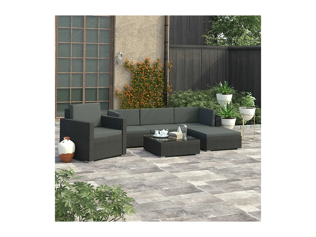 Salon de jardin 6 pièces avec coussins Résine tressée Noir